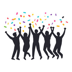 Silhouette of a group celebrating with confetti, symbolizing joy, success, teamwork, and group happiness