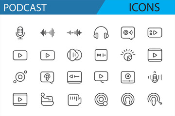 Set of Microphone, Headphones, and Podcasting Icons for Audio Media