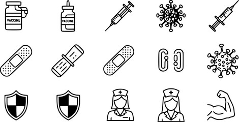 Obraz premium Healthcare and vaccination solid icon set – silhouette style medical, wellness, and virus symbols for health education: vaccine vial, syringe, bandage, virus, antibody, nurse, shield, muscle