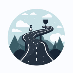 Naklejka premium Person walking up a winding road toward a goal, representing journey, achievement, progress, challenge, success, goal setting, career path, and aspiration