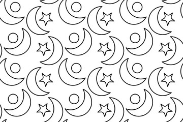 Seamless pattern, coloring page with moons, stars, and circles. Lunar and starry space sky. Abstract background. For entertaining kids, black and white design, DIY craft, wrapping paper, wallpaper.