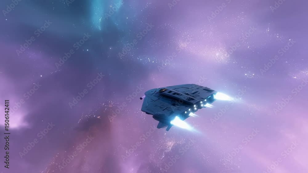 Aufkleber sleek spaceship gliding through colorful nebula, generating luminous blue engine trails while traver