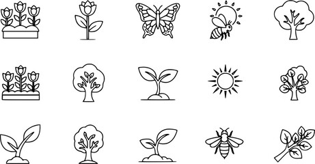 Garden and nature solid icons set – filled style flora, fauna, and outdoor elements for eco projects: flowerbed, tree, butterfly, bee, sprout, sun, branch.