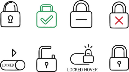 outline vector icons of lock indicators: locked status icon, green check lock, red cross lock, neutral padlock, animated lock icon, toggle icon with padlock, locked hover effect, tooltip lock