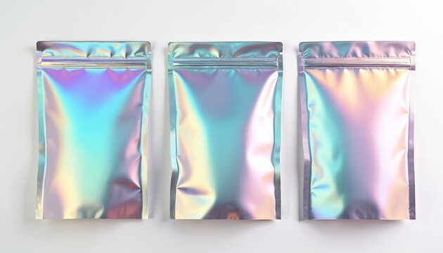 Set of three mylar foil zip lock bags. Plastic package with shiny iridescent, holographic color. Blank silver pouch on white background. Product packaging template design. - Powered by Adobe