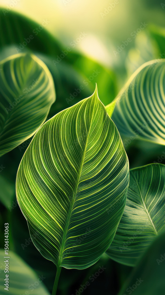 Poster emerald canopy: close-up view of vibrant green leaves, showcasing intricate textures and patterns, b