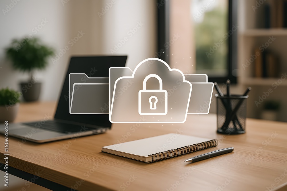Poster a translucent cloud folder with padlock icon floats above a tidy desk beside a laptop. concept of se