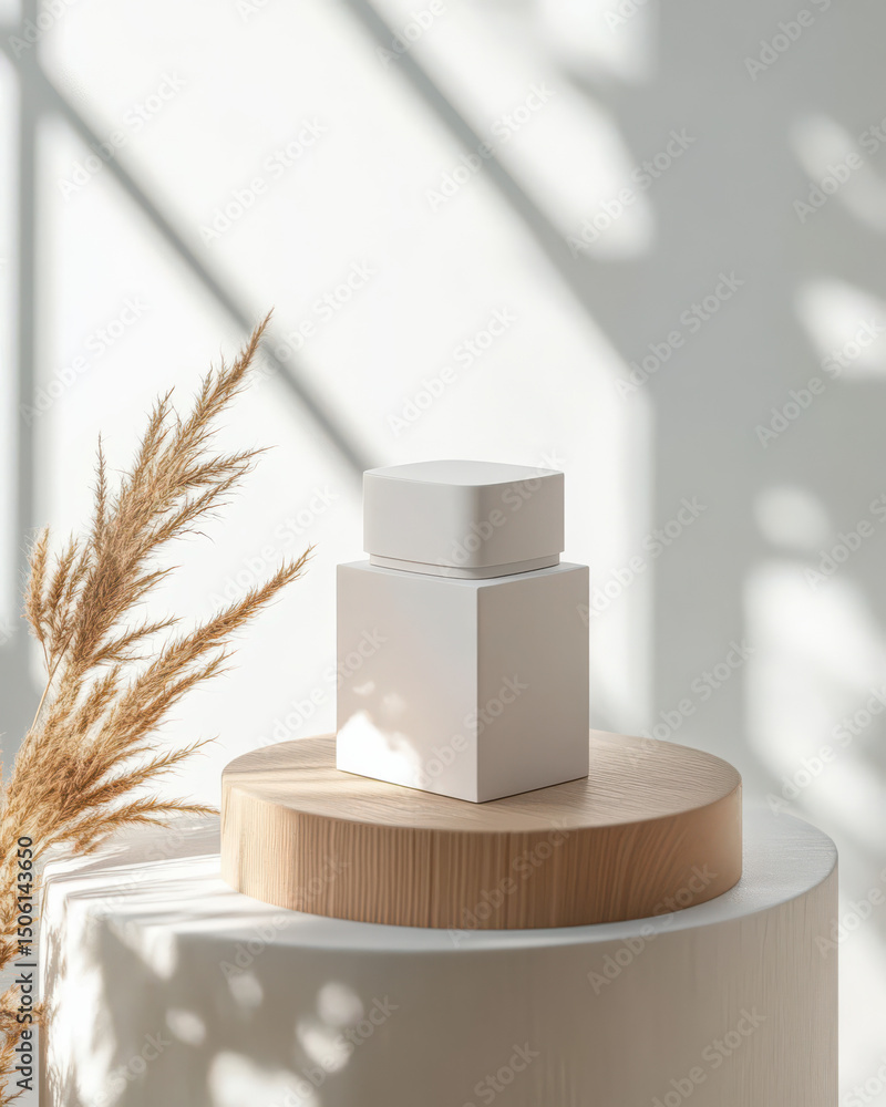Poster minimalist display with natural elements: a clean, modern display featuring a tiered pedestal suppor
