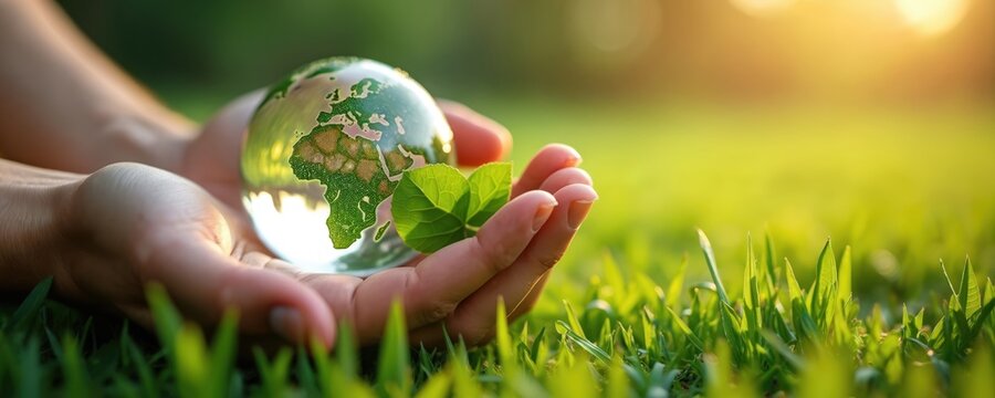 Hand holding crystal earth globe with green leaves. Concept save planet, earth day, environment day, ecology, nature, eco, sustainable lifestyle, climate change, green living.