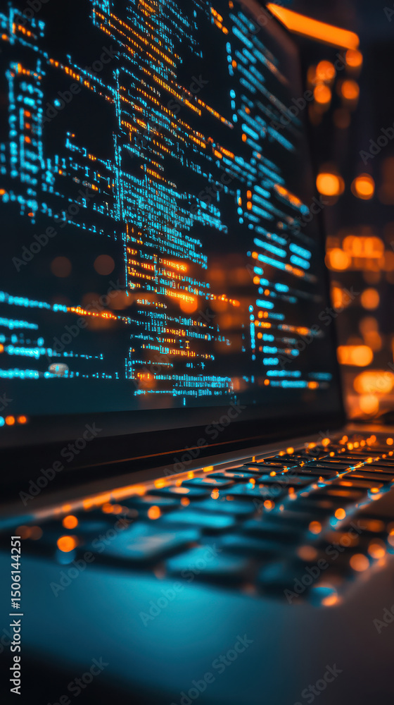 Poster coding elegance: a laptop's screen glows with lines of code. the image, a close-up of the device, hi