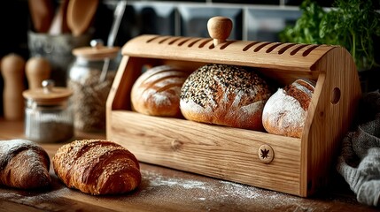 Freshly Baked Bread in a Wooden Basket with Assorted Loaves and Rolls on a Kitchen Counter Per