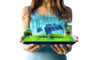 Girl holding a digital tablet displaying a solar energy diagram in an educational setting Isolated on Transparent Background PNG