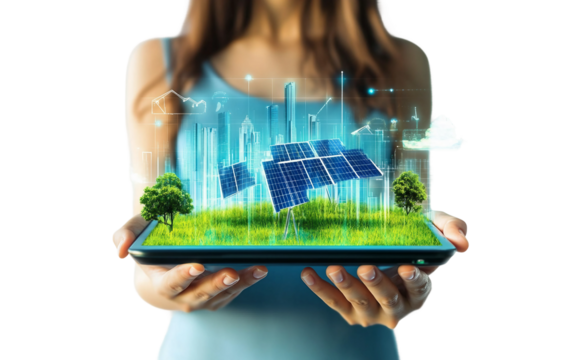 Girl holding a digital tablet displaying a solar energy diagram in an educational setting Isolated on Transparent Background PNG