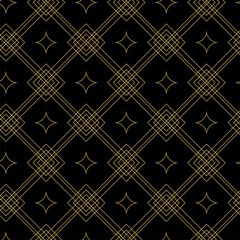 Seamless abstract geometric pattern with gold lines, squares, and shapes on black background. Ideal for fabric, wallpapers, notebooks, gift wrap, packaging, rugs, and branding.