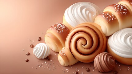 Pile of freshly baked pastries including cinnamon rolls for a delectable and tempting display of sweet treats
