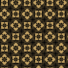 Seamless abstract geometric pattern with gold lines, squares, and shapes on black background. Ideal for fabric, wallpapers, notebooks, gift wrap, packaging, rugs, and branding.