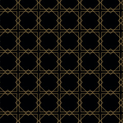 Seamless abstract geometric pattern with gold lines, squares, and shapes on black background. Ideal for fabric, wallpapers, notebooks, gift wrap, packaging, rugs, and branding.