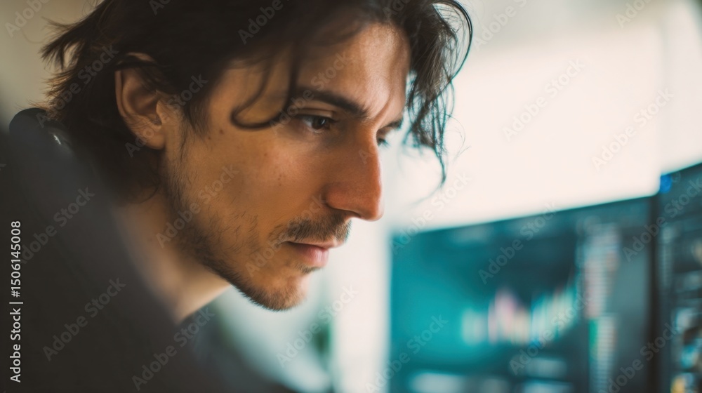 Aufkleber Focused Man Analyzing Stock Market Data on Computer Screen, Representing Financial Investment and Online Trading Success : Generative AI