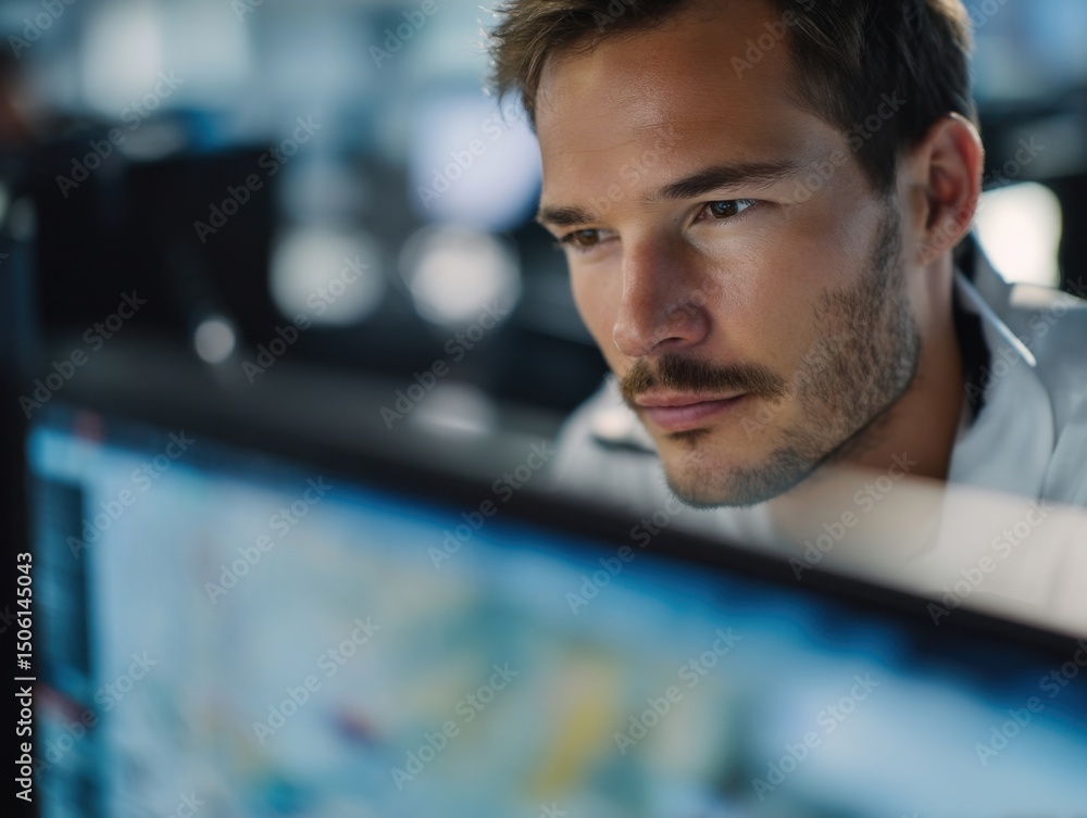 Poster Focused Man Working Late on Computer Screen in Office, Representing Dedication and Digital Transformation for Business and Technology : Generative AI