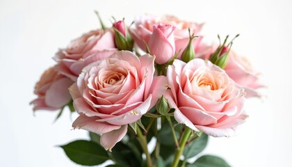 Fototapeta premium Close-up of pink rose blooms, green stems, leaves isolated on white background. Delicate petals, soft colors, perfect for romantic, love-themed projects. Ideal for spa, wellness, beauty, wedding,