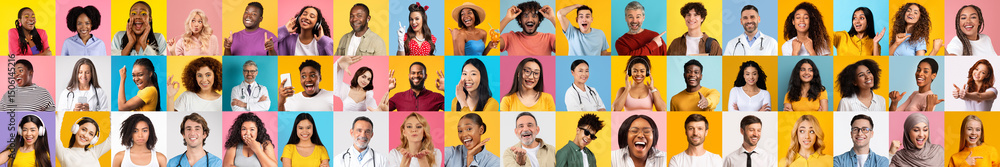 Poster a lively collage showcases a diverse group of people smiling and engaging with each other. this coll