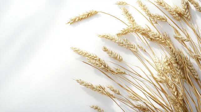 A stalk of wheat grain cereal plant displayed on a clean white background, showcasing its golden kernels and slender stem.
