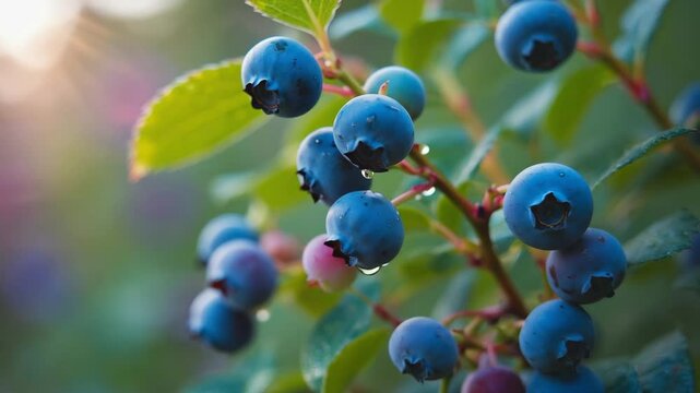 Macro shot of fresh, ripe blueberries on a bush after rain or dew, sparkling with water droplets under the sun's rays, ready for harvest.