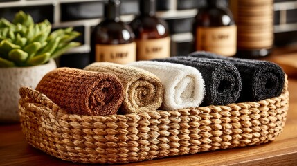 Obraz premium Neatly Rolled Towels in a Woven Basket with Aesthetic Bathroom Accessories and Greenery for Hom
