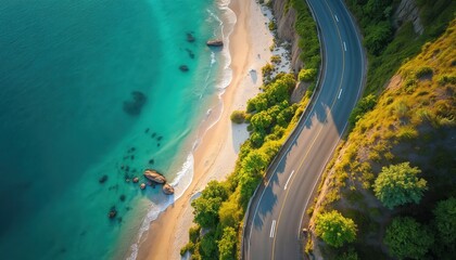Aerial view of coastal road along sea beach with azure water. Scenic journey on highway. Travel, tourism, vacation, holiday destinations, coastal drive, wanderlust concept. Empty highway, car travel,