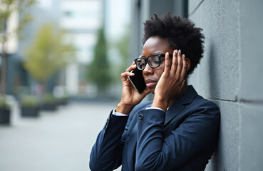 Businesswoman talks on phone, looking sad near office building. African American woman in despair, worried, gets bad news, stress at work, problems, upset. Frustration, feeling lost, failure.