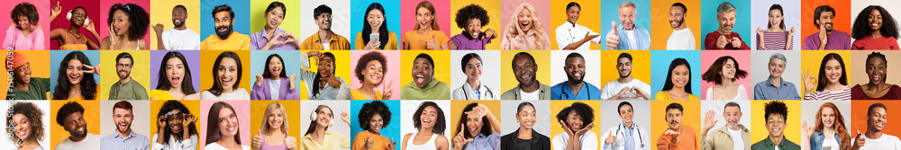 Poster a vibrant collage displays portraits of diverse individuals smiling and expressing joy. each person 
