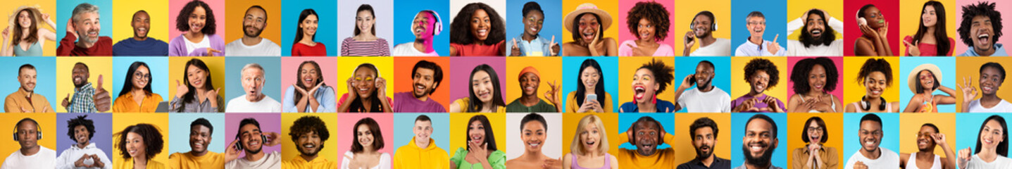 This colorful collage features a vibrant collection of joyful faces representing various backgrounds. Each individual expresses happiness and connection, celebrating diversity in lifestyle.