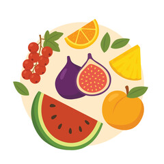 Set of sliced and whole fruits including fig, watermelon, apricot, orange, pineapple, and red currant. Flat vector illustration on white background. Summer fruit variety and healthy eating concept
