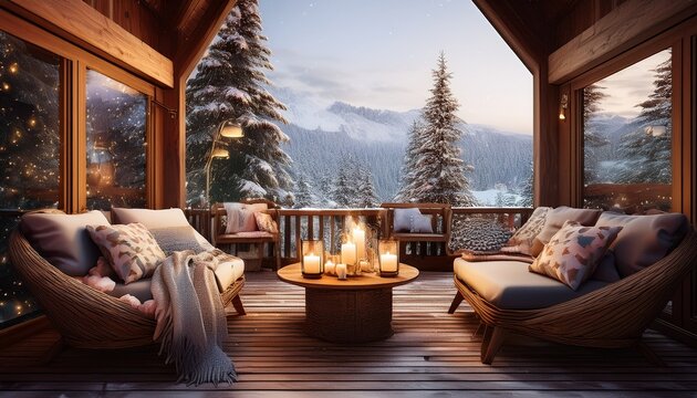 Winterliche Terrasse am Chalet mit Kuscheldecken, Schnee und Kerzenlicht