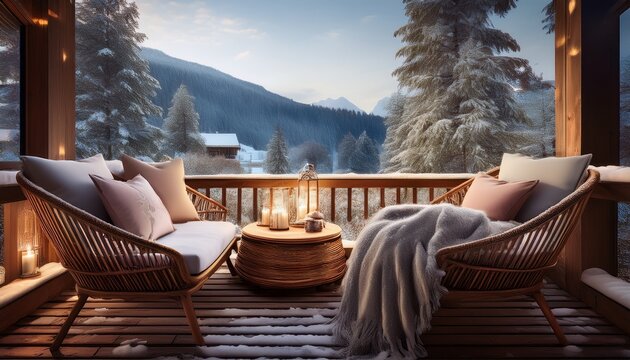 Winterliche Terrasse am Chalet mit Kuscheldecken, Schnee und Kerzenlicht