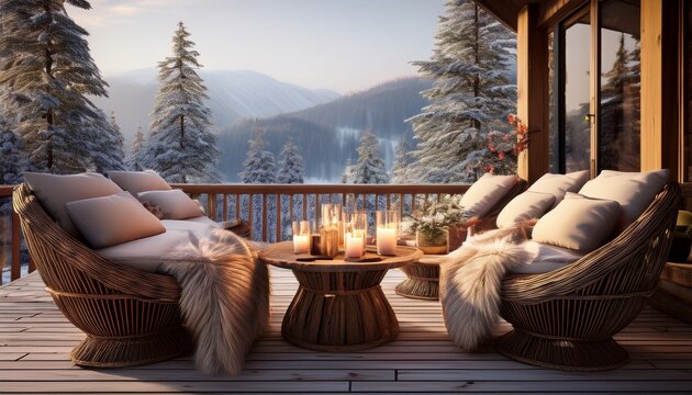 Winterliche Terrasse am Chalet mit Kuscheldecken, Schnee und Kerzenlicht