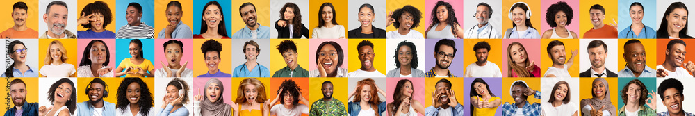 Poster A vibrant collection of portraits showcasing people from various backgrounds smiling and expressing joy. The colorful backdrop enhances the theme of diversity and inclusion.