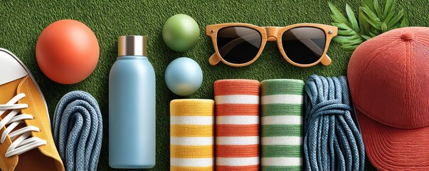 Naklejka premium Flat lay of summer accessories on grass background with vibrant colors