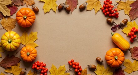 Obraz premium Autumn frame with pumpkins, leaves, and berries on beige background