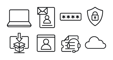 Technology and security outline icons set – linear, cybersecurity, digital tools