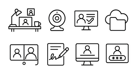 Remote work and communication outline icons set – linear, online collaboration symbols