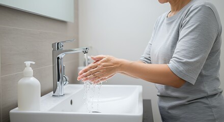 Person washing hands with soap under running water in a clean bathroom, hygiene and care concept
