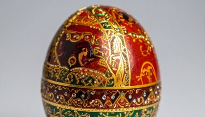 Ornate decorated egg, rich in red, gold, and green hues. Intricate patterns suggest heritage, artistry, and luxury. Use for Easter, tradition, or design themes.