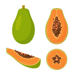 Fresh Papaya exotic fruit icons. Whole ripe papaya, half, slice and piece. Organic fruit for juice, smoothie or healthy food. Vector illustration isolated on white background.