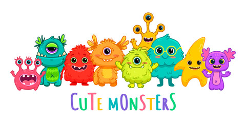 Big set of cartoon monsters. Cute monsters. Kids funny character design for posters, cards., magazins.