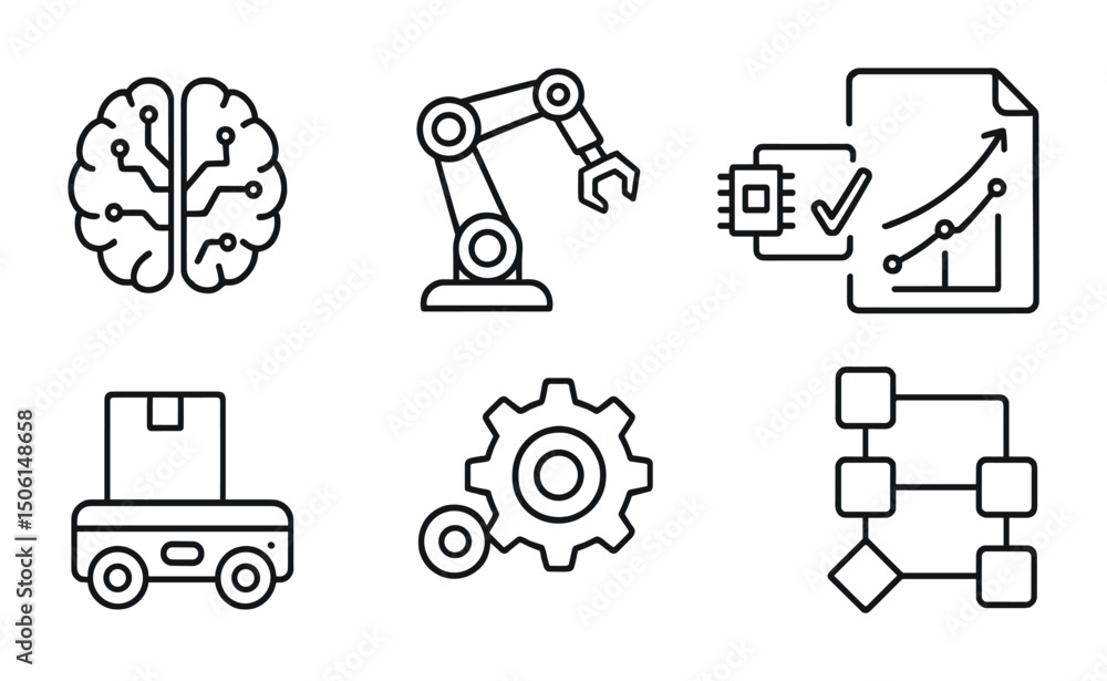 Poster artificial intelligence outline icons set – tech, neural, automation symbols