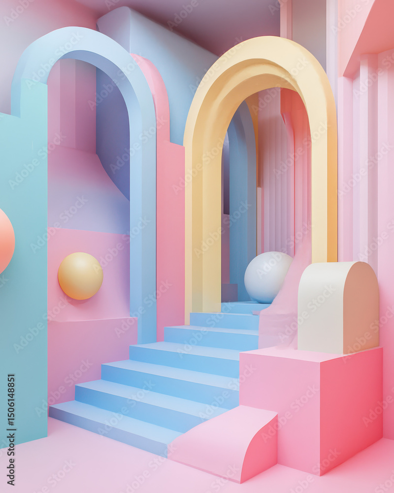 Poster geometric pastel dreamscape: a captivating and modern architectural display, showcasing an array of 