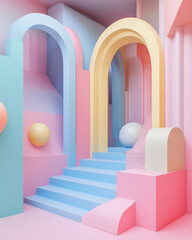 Fototapeta premium Geometric Pastel Dreamscape: A captivating and modern architectural display, showcasing an array of soft pastel hues that create a visually stimulating and harmonious composition with clean lines.