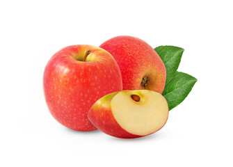 Red apple with cut in half with leaves isolated. Pink apples and a half.