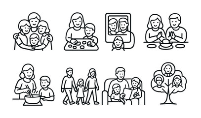 Family and parenting linear icons set – outline, line, home and childcare graphics